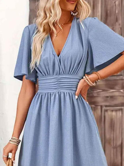 Side Slit Surplice Flutter Sleeve Midi Dress Trendsi