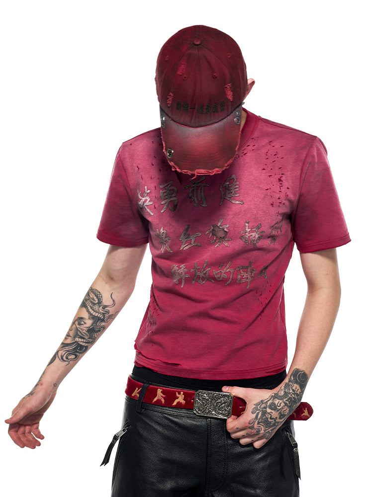 Men's Summer Spray Dirty Washed Distressed Slim-fit Red Short Sleeve T-shirt