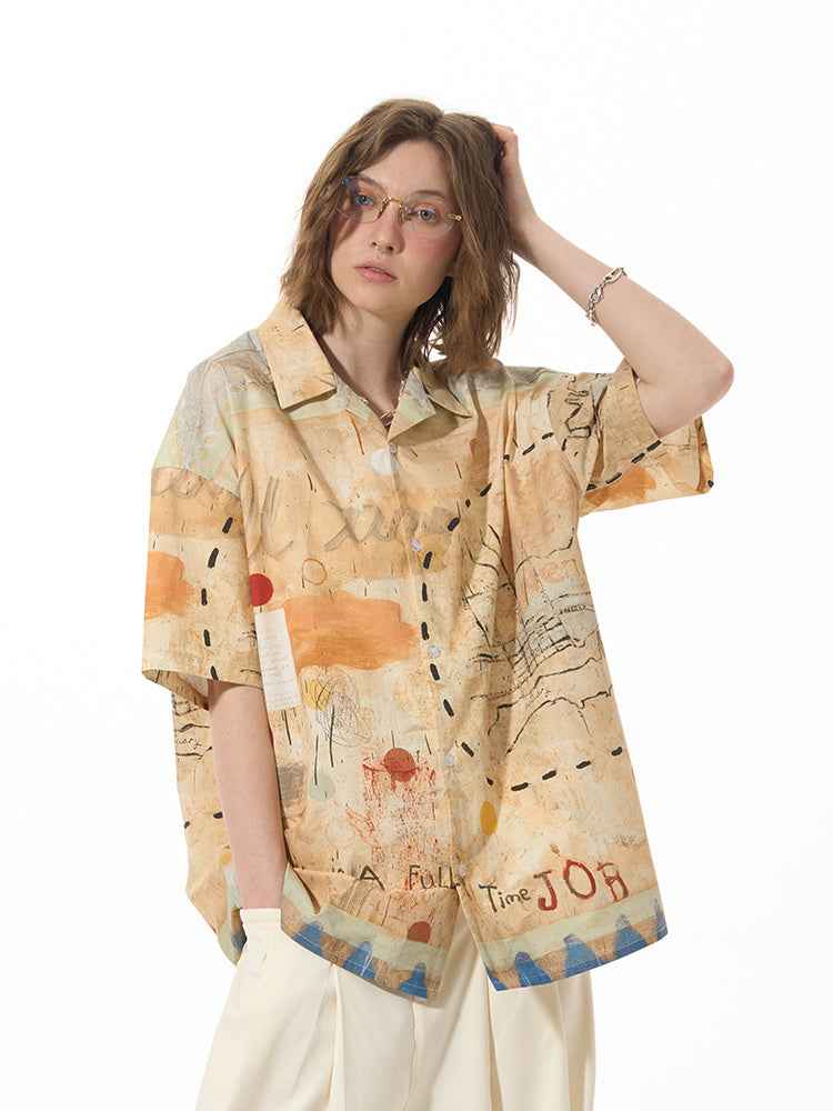 Casual Loose Graffiti Pine High Street Short Sleeve Shirt For Women MuddyStock