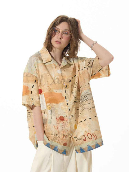 Casual Loose Graffiti Pine High Street Short Sleeve Shirt For Women MuddyStock