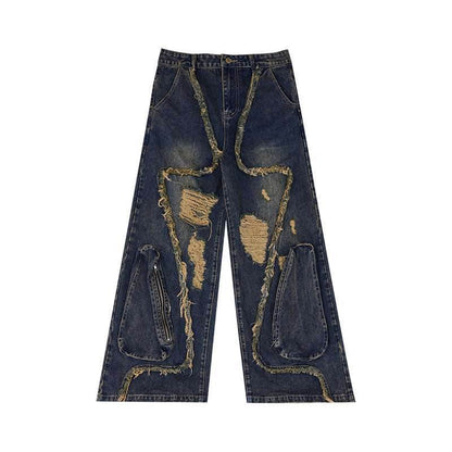 Retro Distressed Heavy Niche Deconstruction Tasseled Jeans Blue MuddyStock