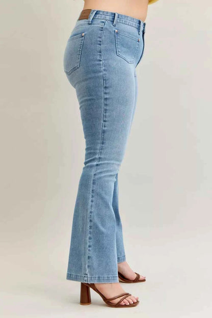 Judy Blue Full Size Mid Rise Bootcut Jeans with Contrast Wash & Front Patch Pockets For Women Trendsi