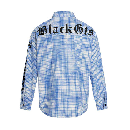 Unique Trendy Tie-Dye Plaid Long Sleeve Shirt for Men Vibe Design Spider Web Letter Print Shirt