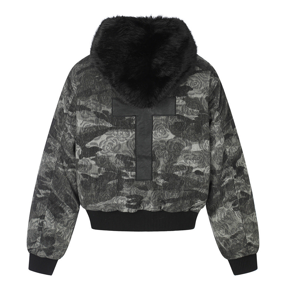 Punk Streetwear Camouflage Thickened Quilted Cotton Hooded Fur Collar Short Men's Jacket
