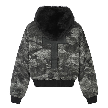 Punk Streetwear Camouflage Thickened Quilted Cotton Hooded Fur Collar Short Men's Jacket