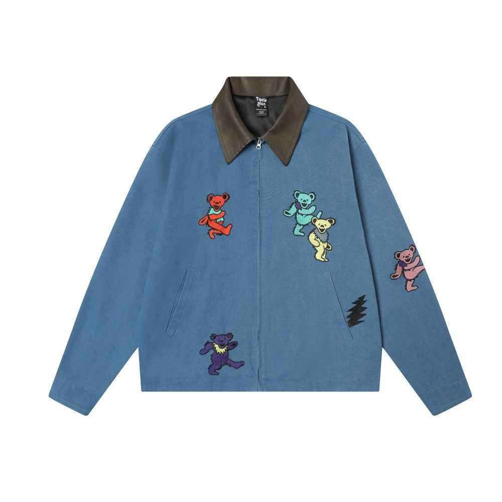 Cartoon teddy bear embroidered jacket for women | MuddyStock Originals Blue