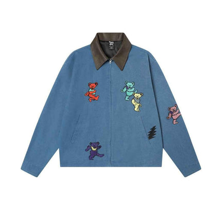 Cartoon teddy bear embroidered jacket for women | MuddyStock Originals Blue