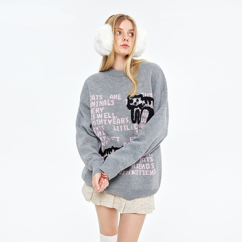 Lazy And Loose Couple Print Sweater For Men And Women
