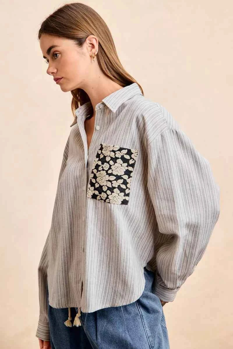 Flower Jacquard Knit Patch Pocket Stripe Shirt For Women Trendsi