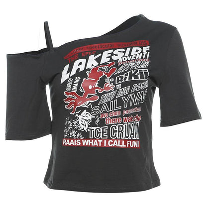 Women's Shoulder-Baring Hollow-Out Short-Sleeve Top | MuddyStock Originals Dark Grey MuddyStock