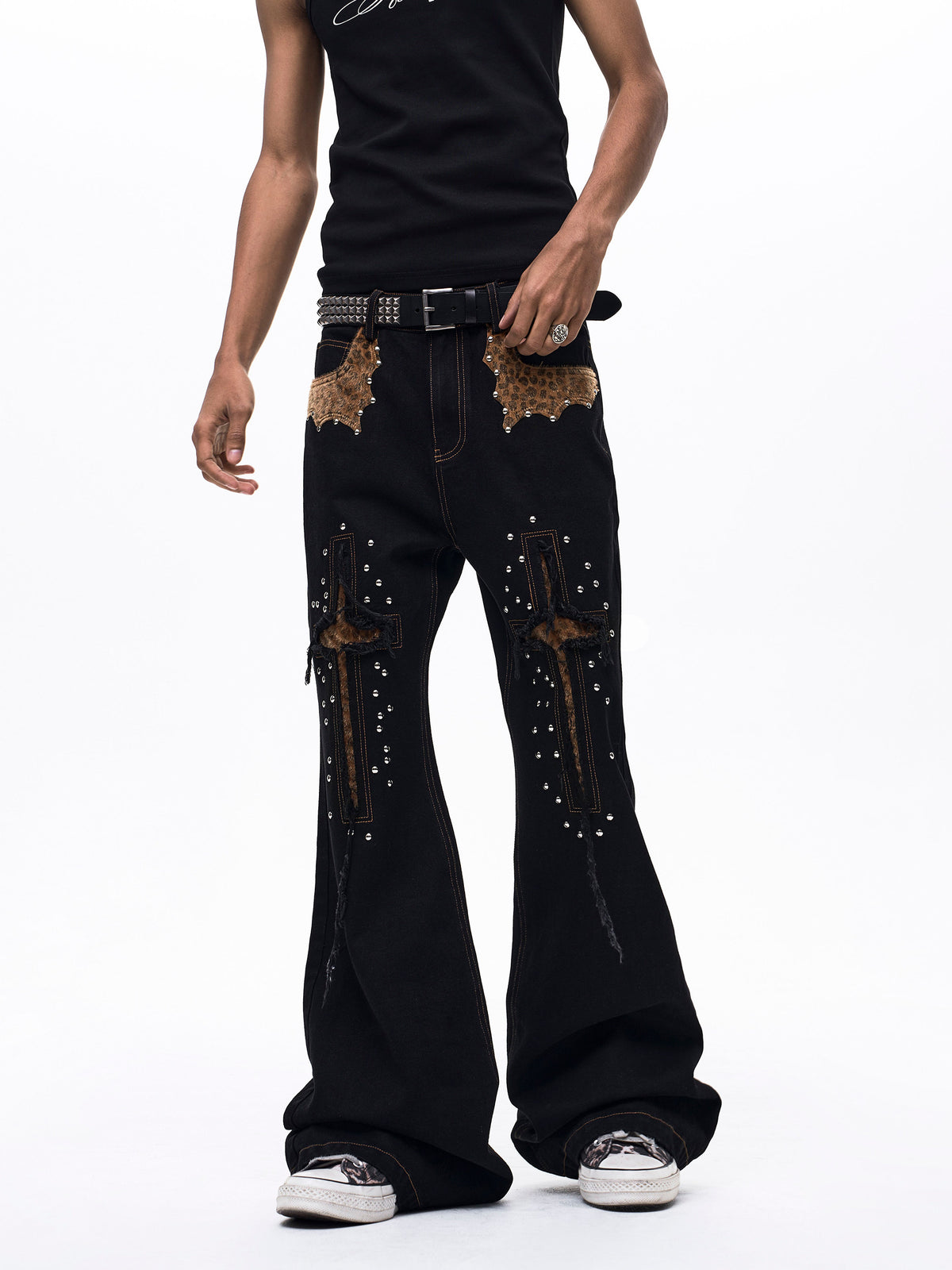 Men's Cropped Denim Jeans With Cross And Leopard Print Paneling All Products