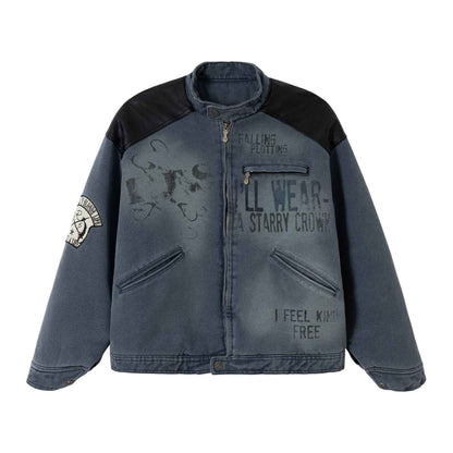 Leather Patchwork Distressed Printed Stand Collar Jacket For Men And Women | MuddyStock Originals MuddyStock