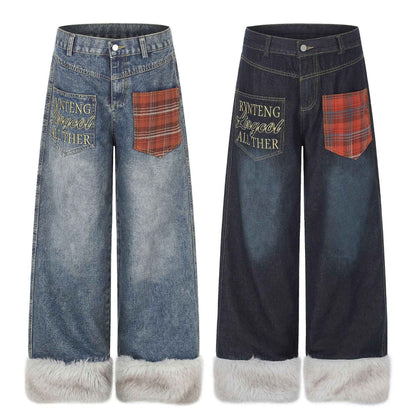 Plaid Patchwork Pocket Fleece-Lined Washed Denim Jeans For Women | MuddyStock Originals