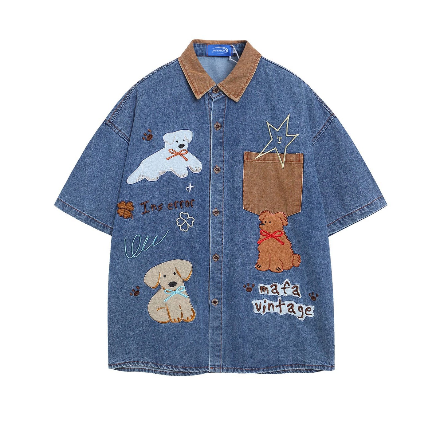 Retro Spliced Corduroy Applique Dog Short Sleeve Shirt for Men and Women | MuddyStock Originals Blue eprolo