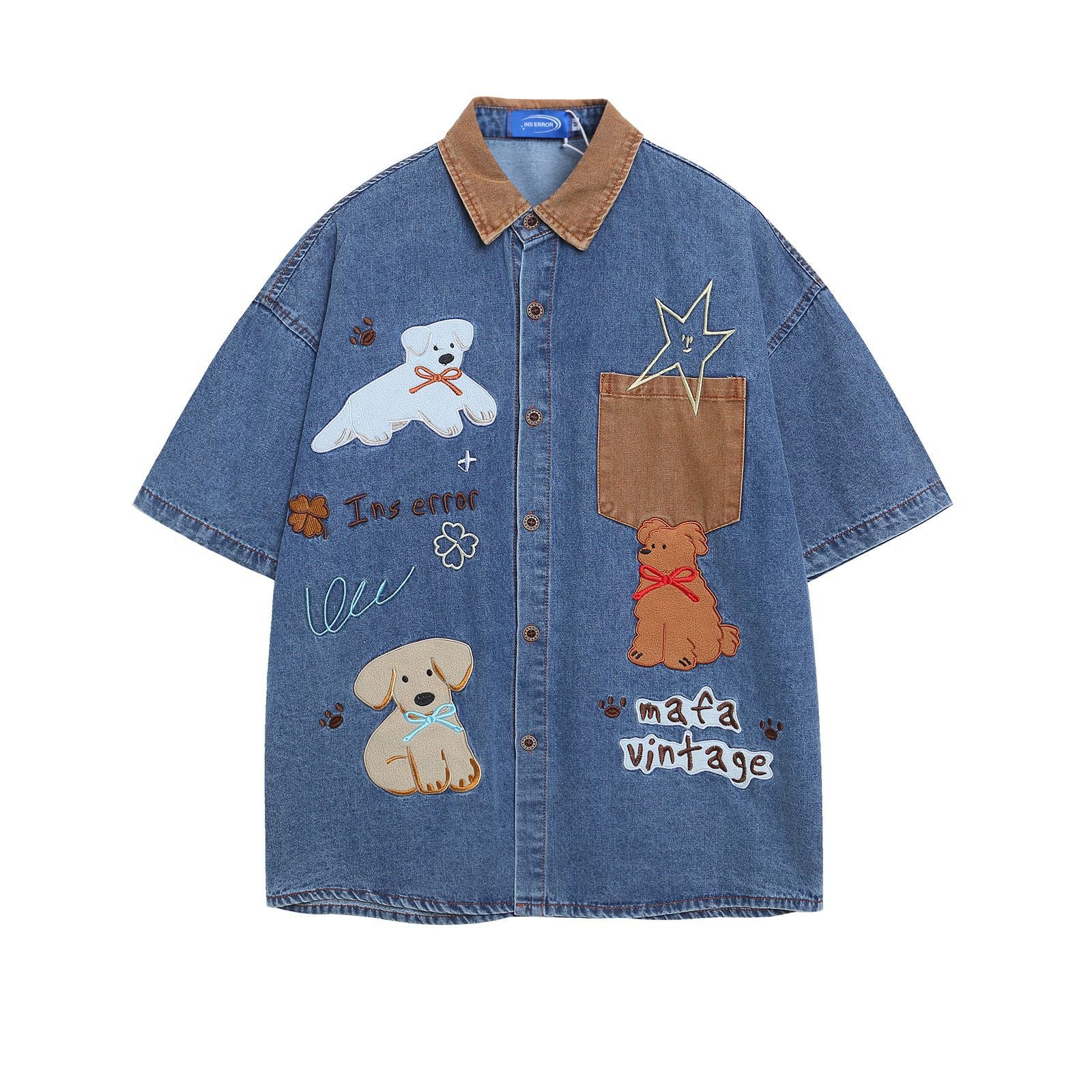 Retro Spliced Corduroy Applique Dog Short Sleeve Shirt for Men and Women | MuddyStock Originals Blue eprolo