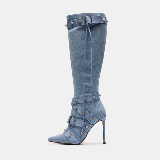 Metal Leathern Pointed Stiletto High Heel Boot For Women Blue