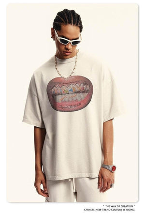 American Retro Graffiti Short Sleeve Men's High Street Printed T-shirt Distressed Rice