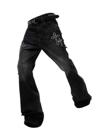Cross-design Patchwork Bootcut Jeans For Men