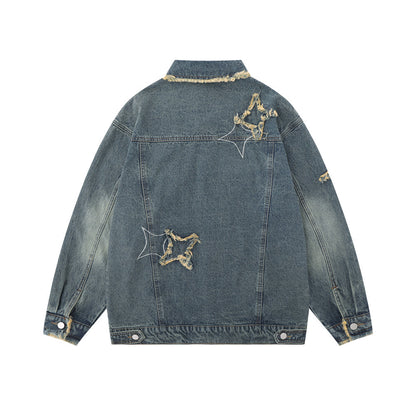 Five-pointed Star Patch Cat Beard Denim Washed Distressed Jacket For Women MuddyStock null