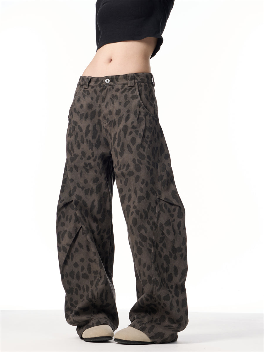 Retro Leopard Women's Loose Straight Wide-leg Pants Gray Camouflage