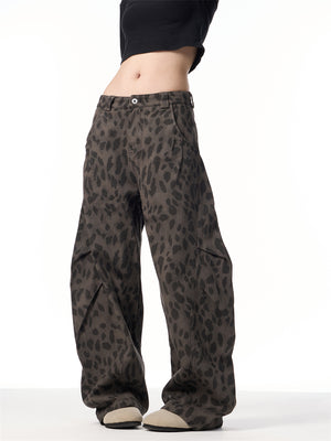 Retro Leopard Women's Loose Straight Wide-leg Pants Gray Camouflage