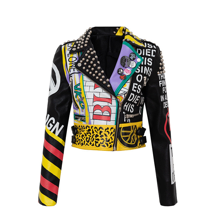 Women's Leather Print Contrast Cropped Jacket For Women Black