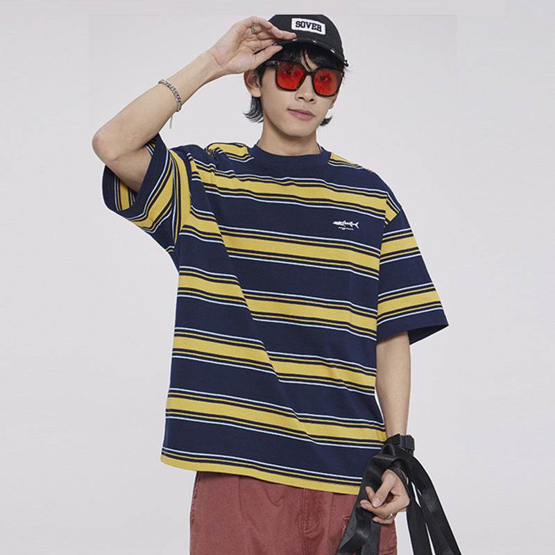 Fashion Personality Striped Short-sleeved T-shirt For Men And Women Navy Blue Stripes MuddyStock