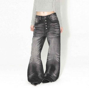 Retro Zipped Five Button Jeans For Men And Women Black And Gray