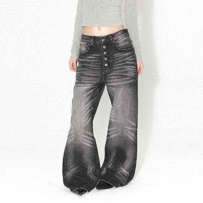 Retro Zipped Five Button Jeans For Men And Women Black And Gray