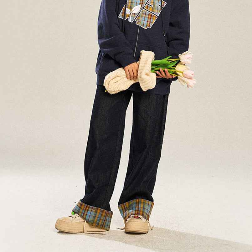 Retro Plaid Casual Straight-leg Wide Leg Jeans For Women MuddyStock