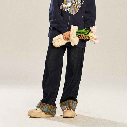 Retro Plaid Casual Straight-leg Wide Leg Jeans For Women MuddyStock