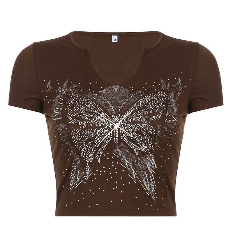 Retro Small U Neck Butterfly Print Brown Short Sleeve T-Shirt For Women Brown MuddyStock