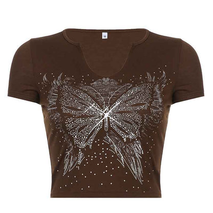 Retro Small U Neck Butterfly Print Brown Short Sleeve T-Shirt For Women Brown MuddyStock