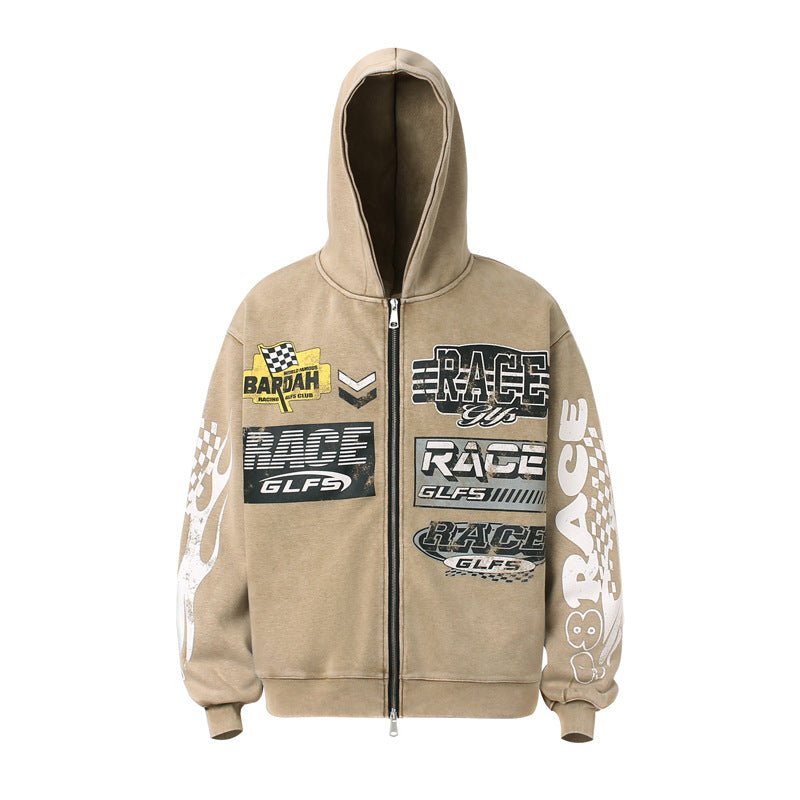 Retro Racing Slogan Washed Zip-Up Hoodie, Unisex Casual Oversized Couple Hooded Sweatshirt Jacket Distressed Khaki eprolo