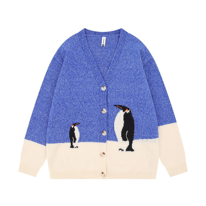 Cartoon contrasting penguin sweater for women | MuddyStock Originals Blue