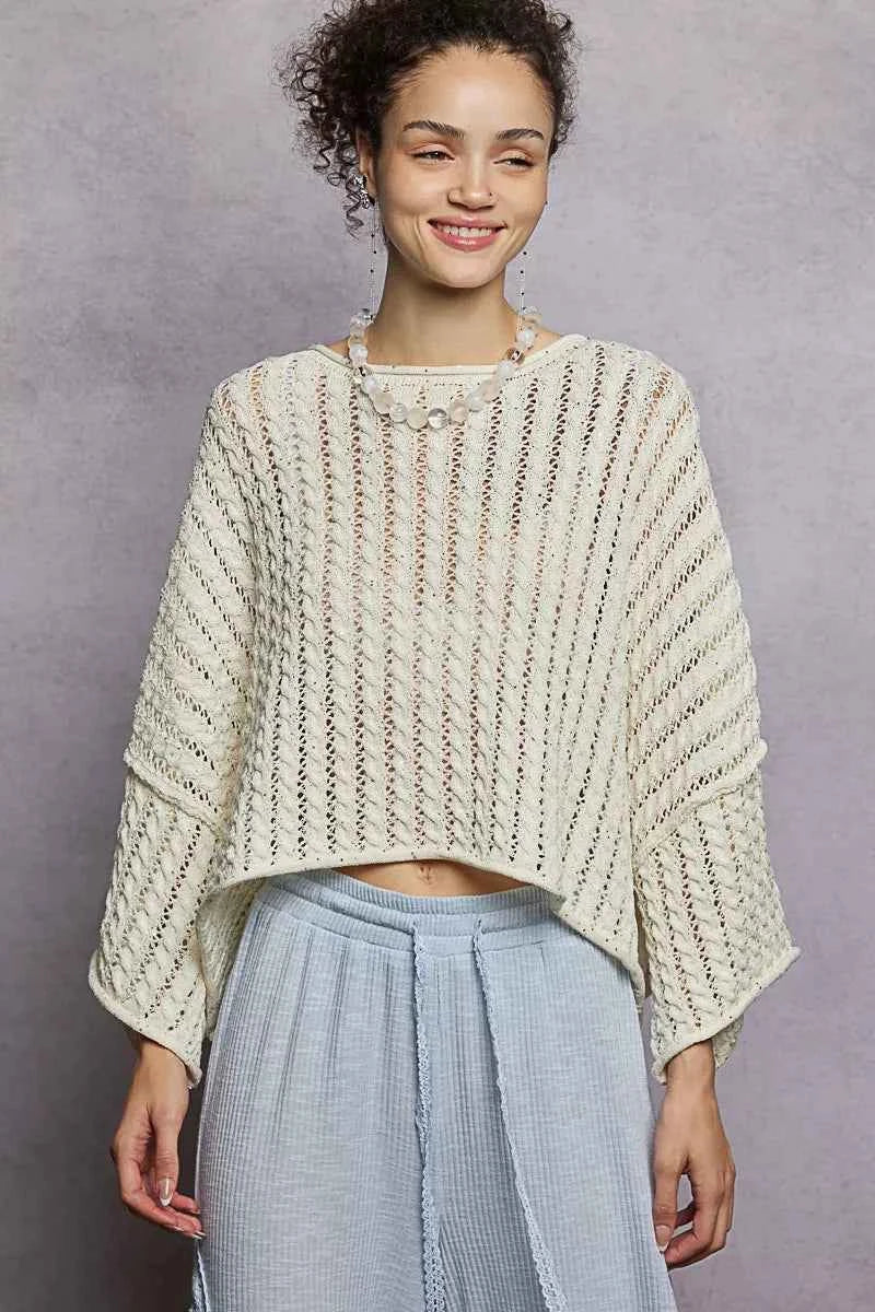 Cable-Knit Openwork Round Neck Cropped Sweater For Women Trendsi