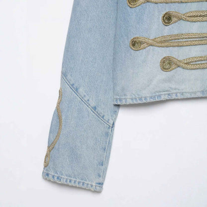 Casual knot button decoration stand collar denim jacket for women | MuddyStock Originals