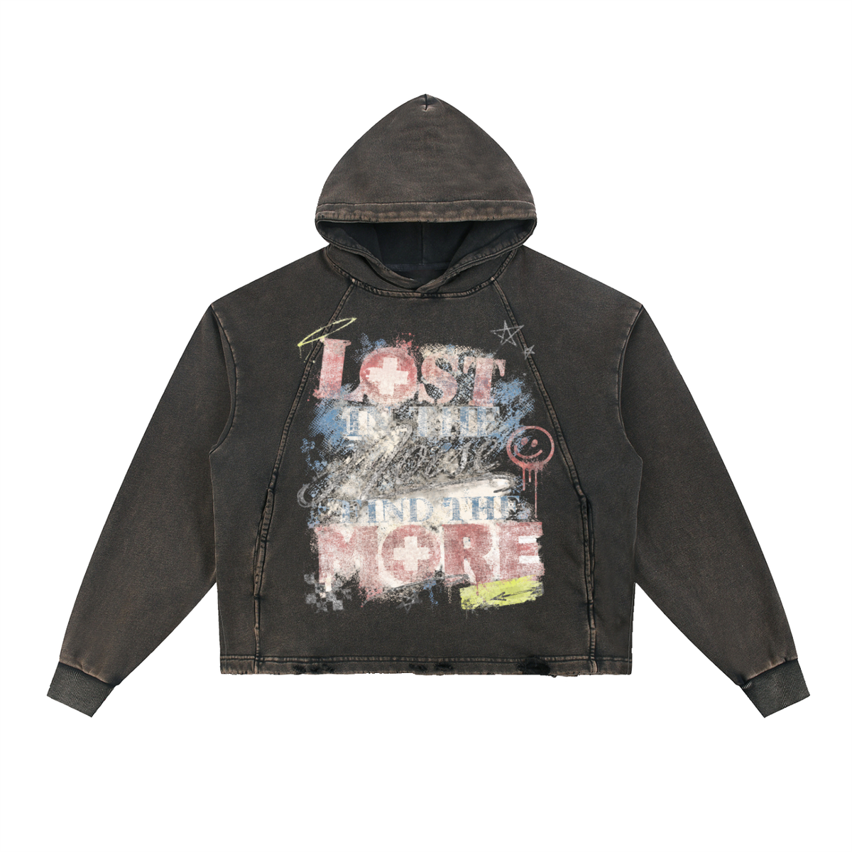 Vintage Washed Frayed-Hem Hoodie For Men | MuddyStock Originals Black