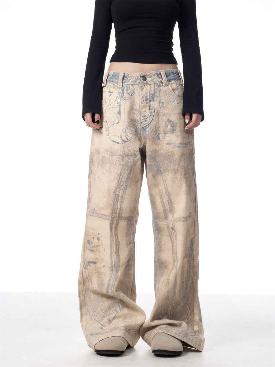 Retro Full Printed Washed Jeans For Men And Women MuddyStock