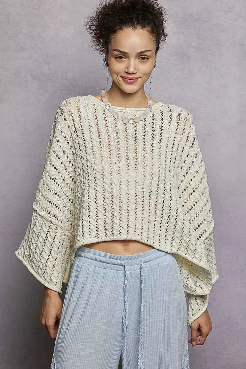 Cable-Knit Openwork Round Neck Cropped Sweater For Women IVORY Trendsi