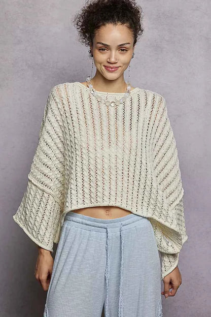 Cable-Knit Openwork Round Neck Cropped Sweater For Women IVORY Trendsi