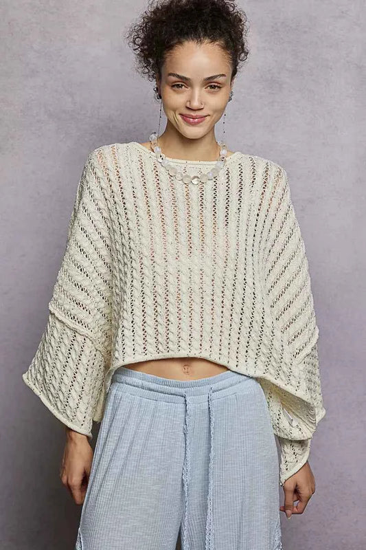 Cable-Knit Openwork Round Neck Cropped Sweater For Women IVORY Trendsi