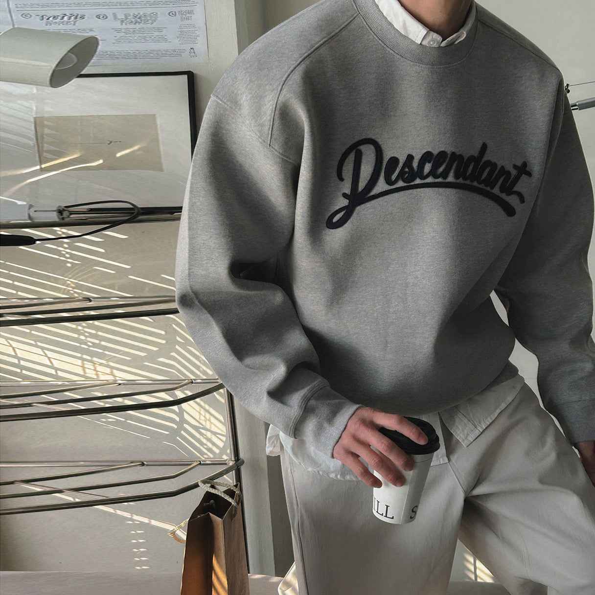 Casual Gray Hoodie for Men with Letter Applique, Loose Fit Round Neck, Autumn Wear Gray eprolo