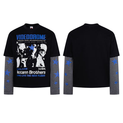 Punk Rock Portrait Printed Fake Two Piece Striped Long Sleeve T-shirt for men | MuddyStock Originals