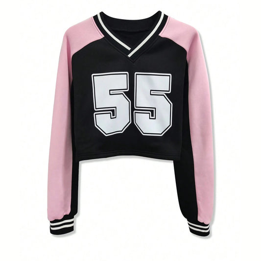 Sports Wind Baseball Jacket Printed V-neck Loose Color-blocking Long-sleeve Versatile Sweatshirt Black Pink eprolo