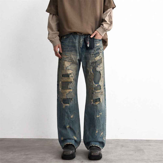 Ripped patch denim pants