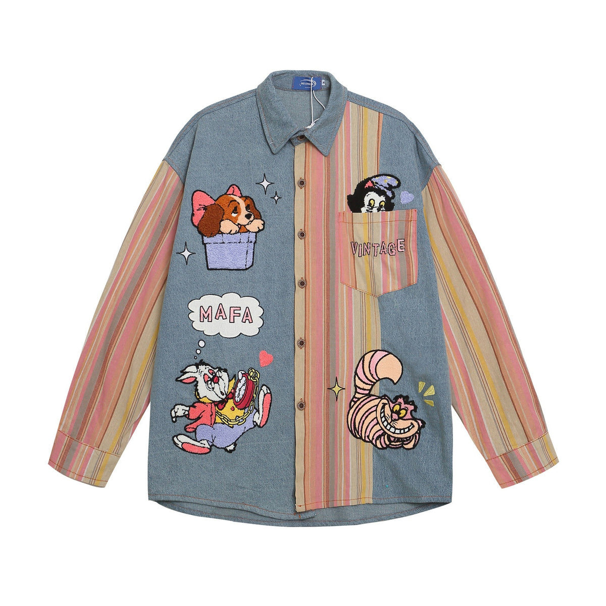 Cartoon Embroidery Long Sleeve Shirt Unisex Splicing Loose Casual Versatile Couple Blouse Jacket Blue