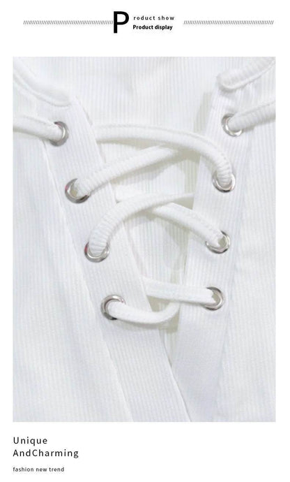 Women's V-neck Cut Shoulder Drawstring Tie Up T-shirt MuddyStock