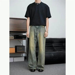 Loose All-match American Retro Distressed Wide-leg Jeans For Men Yellow Mud Colors