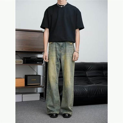 Loose All-match American Retro Distressed Wide-leg Jeans For Men Yellow Mud Colors MuddyStock